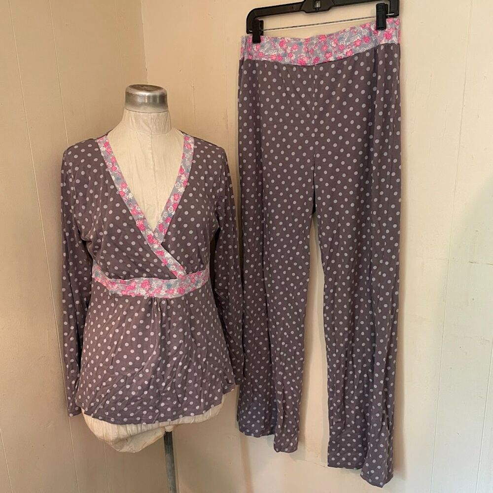 GARNET HILL Organic Green Cotton PAJAMA SET Polka Dot Floral L nwot